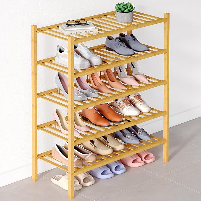 Smiry Bamboo Shoe Rack for Closet, 5 Tier Wooden Stackable Shoe Organizer, Free Standing Shoes Storage Shelf for Entryway, Front Door Entrance, Natural