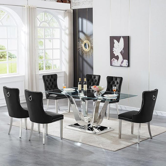 70" Modern Silver Glass Dining Table Set for 6, 7-Piece Rectangle Kitchen Dining Room Table Set with Steel Base & 6 Black Velvet Upholstered Chairs, Modern Glass Kitchen Table and Chairs Set of 6