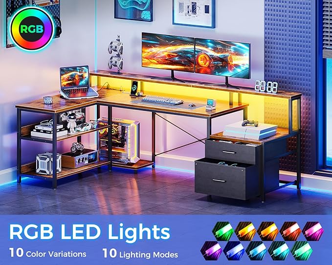 ODK L Shaped Desk with File Drawer, 66" Reversible L Shaped Computer Desk with Power Outlet & LED Strip, Office Desk with Storage Shelves, Gaming Desk with Monitor Shelf, Corner Desk, Vintage