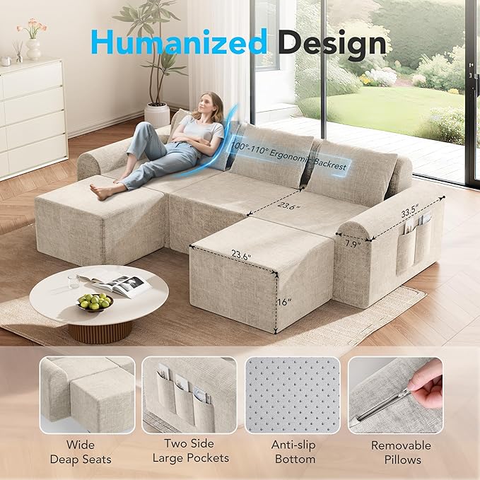 Cloud Sectional Couch with 2 Ottomans & 3 Pillows, U Shaped Modular Sofa for Living Room, Deep Seat Comfy Boneless Couch for Small Spaces, Chenille Fabric, No Assembly Required, 72H to Restore