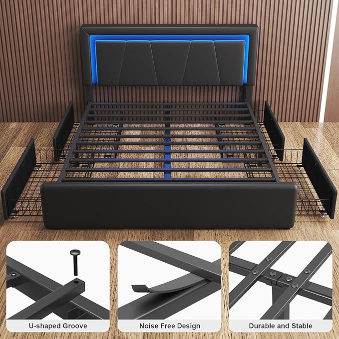 Full Size Bed Frame with 4 Storage Drawers and LED Lights, Upholstered Platform Bed with Adjustable Headboard and Charging Station, Metal Slats Support, No Box Spring Needed,Easy Assembly, Black