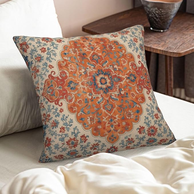 Blue Orange Boho Floral Pillow Covers 20x20 Inch Set of 2 Fall Bohemian Vintage Carpet Pattern Decorative Outdoor Throw Pillows Farmhouse Decor Cushion Covers for Sofa Bed Couch Living Room