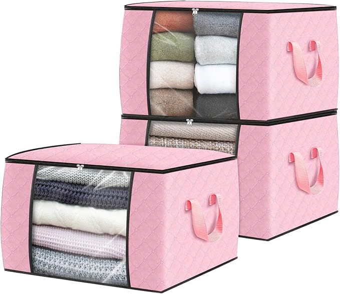 Fab totes 3 Pack Clothes Storage, Foldable Thick Fabric Blanket Storage Bags, Containers for Organizing Bedroom, Closet, Clothing, Comforter,Organization with Handle,Pink