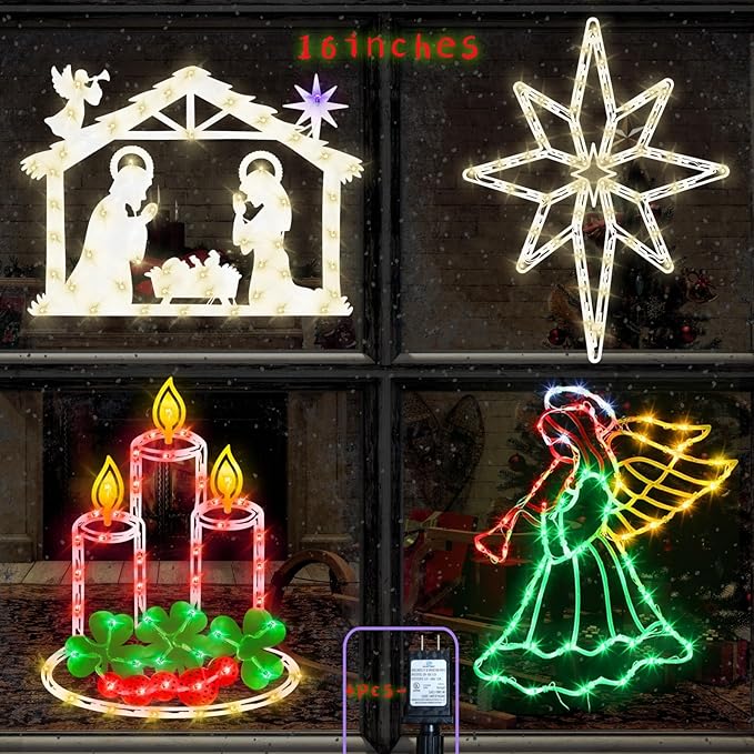 Christmas Decorations - 16" Christmas Window Silhouette Lights - 4 Pack Colour Lighted Nativity & Angel & Bethlehem Star & Candle for Holiday Indoor and Outdoor Wall Door Window Decorate