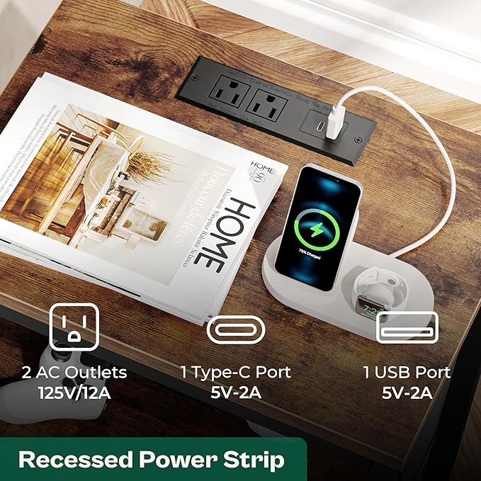 Huuger Nightstands Set of 2, 27.6 Inch End Tables with Charging Station, Fabric Drawers, Bedside Tables with USB-C Port and Outlet, Night Stands for Bedroom, Rustic Brown and Black