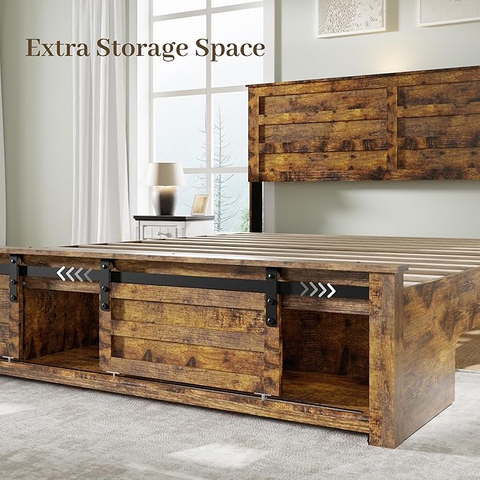 Queen Size Bed Frame with Wood Headboard, Wooden Platform Bedframe with Sliding Barn Door Footboard and Charging Station Easy Assembly, No Box Spring Needed (Brown, Queen)