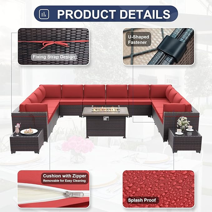 Kurapika 15 Pieces Patio Furniture Set, Rattan Wicker Outdoor Conversation Sets w/43in Propane Fire Pit Table and 4 Inch Cushion(Red)