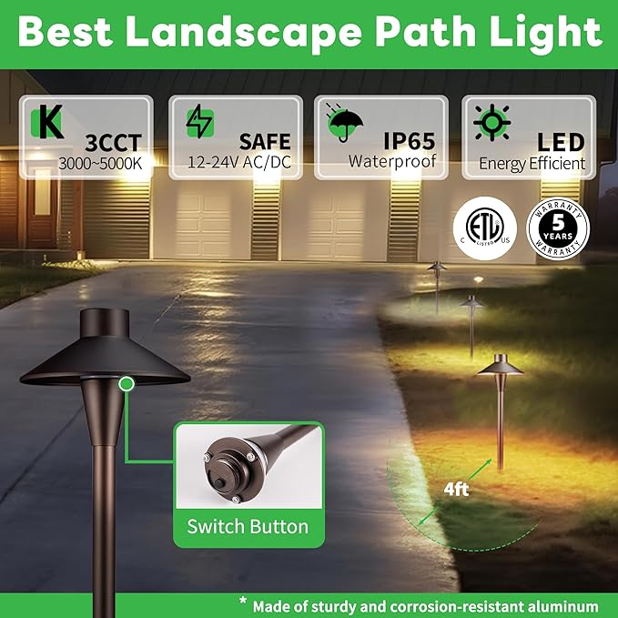 Landscape Path Lights, 3000K/4000K/5000K Selectable Pathway Lights, 12V Low Voltage Wired, LED Outdoor Waterproof, 5W 150LM ORB Aluminum for Yard Walkway Driveway Garden