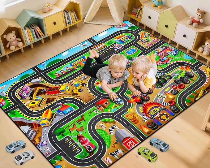 Kids Rug, 5' x 7' FT Non-Slip Monster Truck Play Rug, Extra Thick (0.4in), Educational LearningTraffic Road Car Carpet for Nursery, Classroom, Playroom & Bedroom