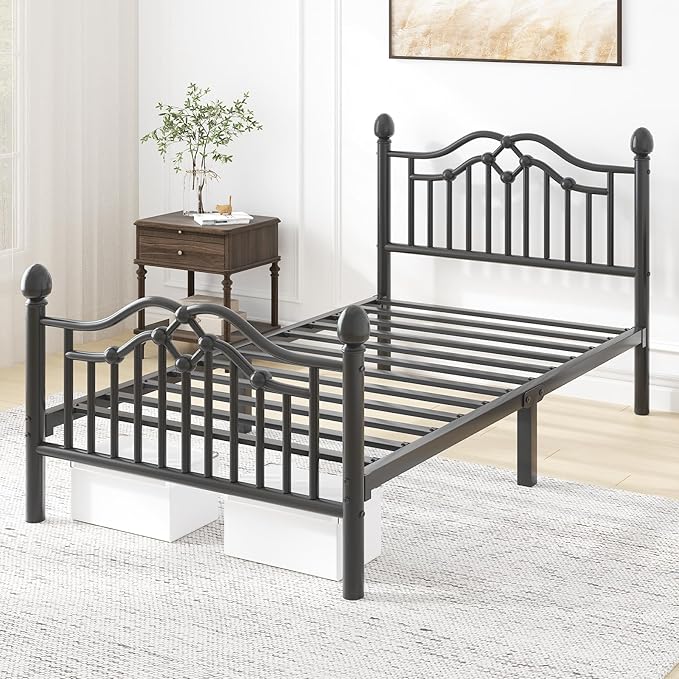 Twin Metal Platform Bed Frame for Kids, Bed Frame with Victorian Headboard and Footboard, Strong Metal Slats Support, No Box Spring Needed, Easy Assembly, Noise Free, Black