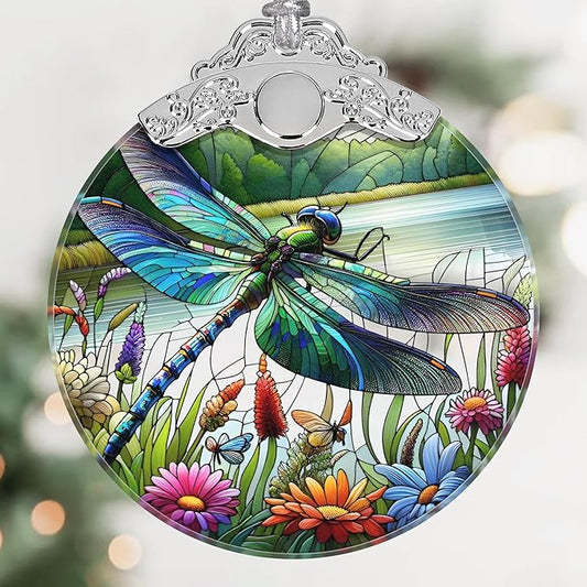 Dragonfly Stained Glass Christmas Ornament - Holiday Tree Decoration, Home Decor, Gift Idea With Wildflower Design