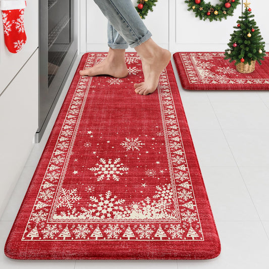 KIMODE Christmas Kitchen Mats for Floor Anti Fatigue, Boho Red Snow Kitchen Rugs Sets of 2, Memory Foam Kitchen Mats for Floor, Christmas Kitchen Decor for Sink Laundry Office Desk 17"x47"+17"x29"
