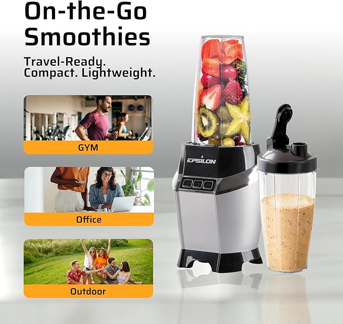 Epsilon Portable Smoothie Blender for Shakes & Smoothies with LED Display & 24 Oz BPA-Free Travel Cup, Personal Juicer Blender w/ 1000W High-Speed Motor for Ice Crushing & Frozen Blending