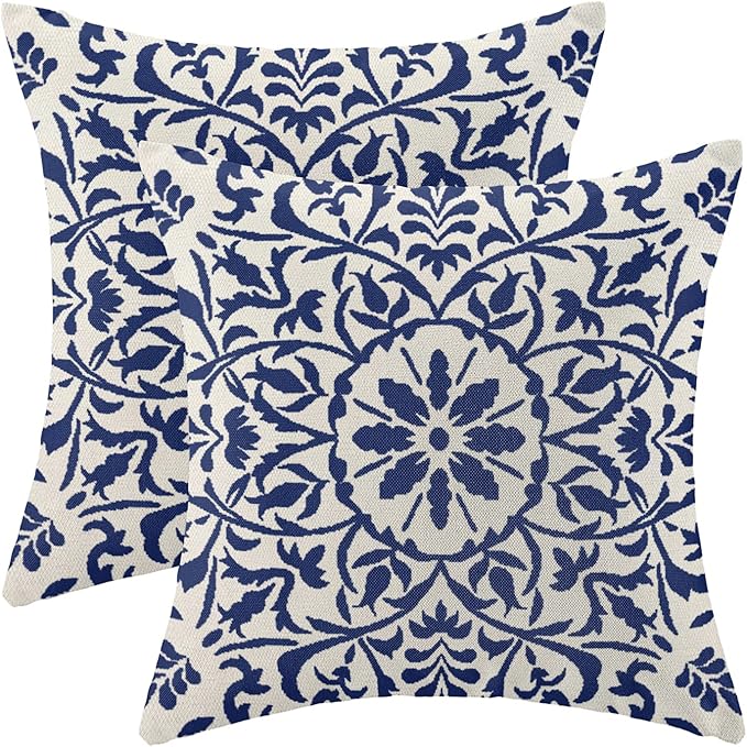 Navy Blue Boho Pillow Covers 18x18 Set of 2, Bohemian Ethnic Carpet Pattern Design Decorative Throw Pillows Linen Blue Print Farmhouse Cushion Pillow Covers for Sofa Couch Outdoor Decor