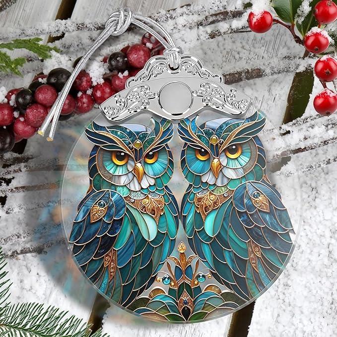 Stained Glass Owl Christmas Ornament - Two Owls, Holiday Decoration for Tree, Gift Idea