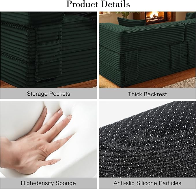 Sectional Boneless Couch Convertible Sofa Bed,78'' Modular Sectional Sleeper Sofa with Removable Armrests & 3 Pillows,Small Floor Couch No Assembly Needed for Living Room, Office, Bedroom,Dark Green