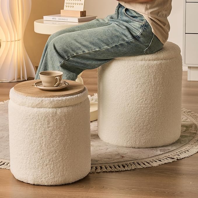 Round Ottoman with Storage Set of 2-Upholstered Sherpa Vanity Stool for MakeupMultifunctional Ottomans Coffee Table Padded Seat Foot Rest for LivingRoom&Bedroom(Sherpa White)