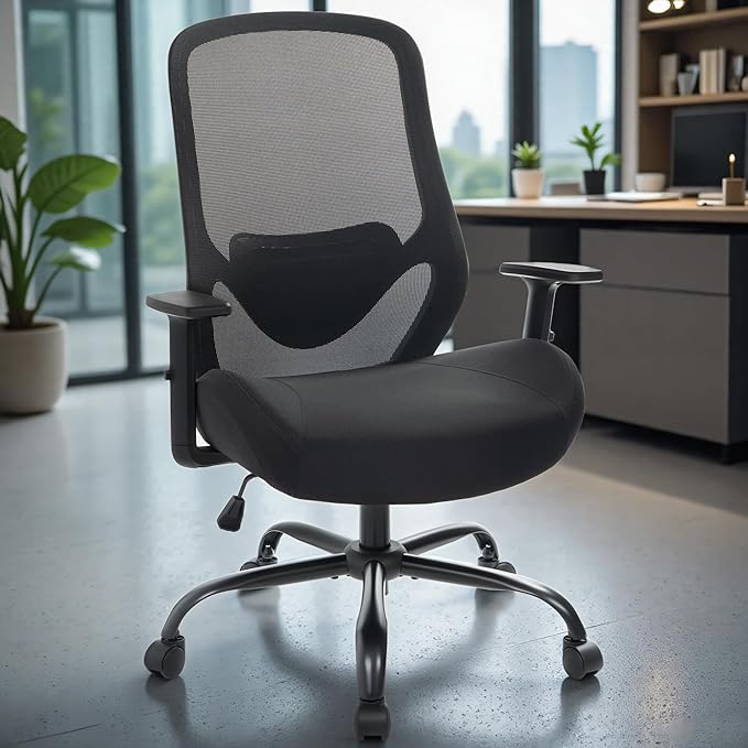 Big and Tall Office Chair, 450LBS Ergonomic Mesh Desk Chair with Adjustable Lumbar Support, 5" Thickened Foam Seat Computer Chair Over 10 Hours Comfortable, Heavy Duty Executive Task Chair