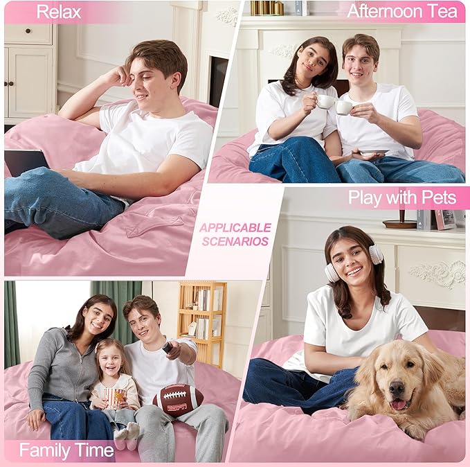 Homguava 4 FT Bean Bag Chair: 4' Bean Bags with Memory Foam Filled, Large Beanbag Chairs Soft Sofa with Dutch Velvet Cover-Light Pink