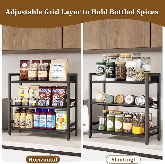 IBUYKE 3-Tier Spice Rack Industrial Counter Shelf Desktop Storage Organizer Standing Seasoning Rack for Countertop Kitchen Office Living Room Desktop Black UTLJ021B