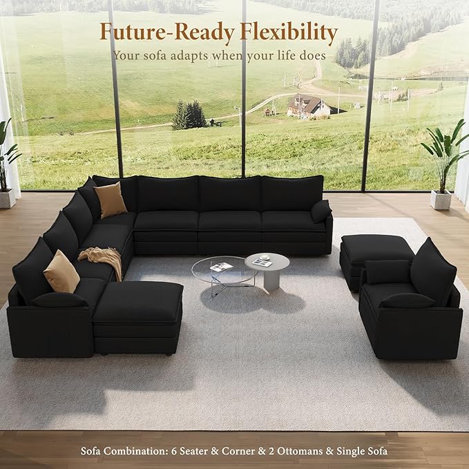 Vesgantti Large Modular Sectional Sofa, Big Comfy Cloud Couch with Ottoman Deep Seat Chenille Cloud Sofa, 9 Seater Large Sectional Couches for Living Room, Bedroom and Apartment, Black