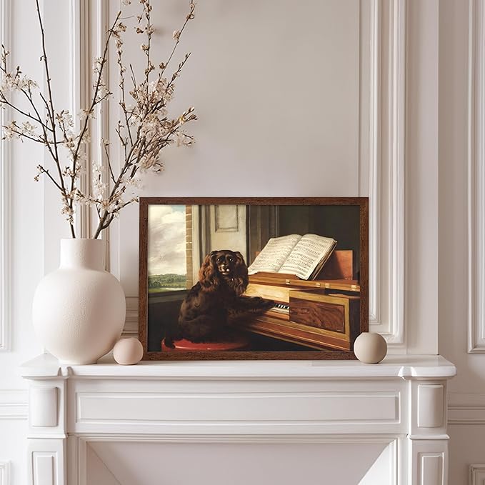 Poster Master Vintage Portrait of an Extraordinary Musical Dog Poster - Retro Dog Print - Puppy Art - Music Art - Piano Art - Animal Lover Art - Living Room or Office Decor, 8x10 Brown Framed