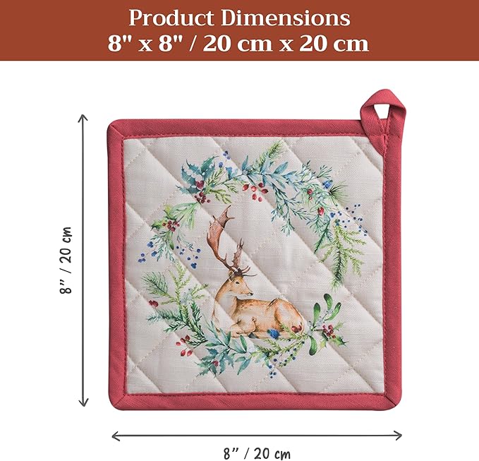 Maison d' Hermine Pot Holders 100% Cotton Heat Resistant Potholders 8" x 8" Hot Pads with Loop for Thanksgiving Christmas Decorations BBQ Cooking Baking Handling Hot Pans (Pack of 1, Holly Time)