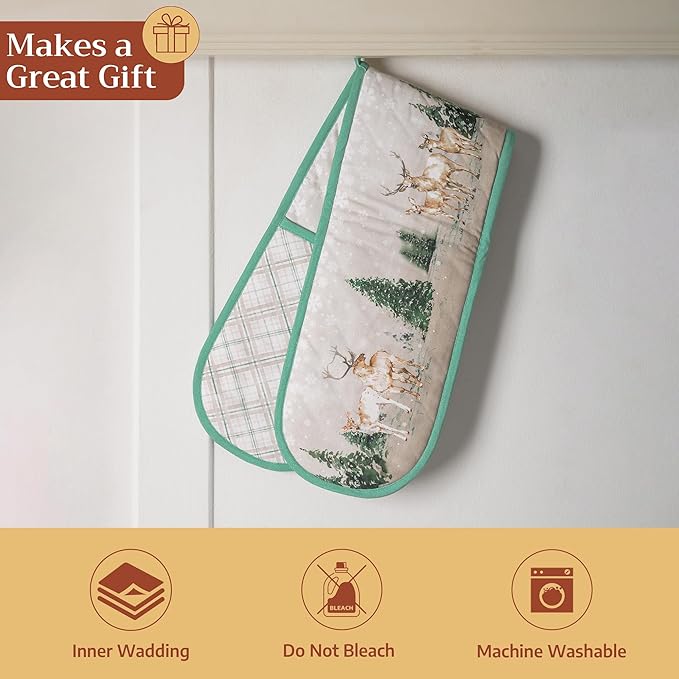 Maison d' Hermine Double Oven Mitt (7" x 35") 100% Cotton Heat Resistant BBQ Cooking Gloves with Loop for Thanksgiving Christmas Decorations Baking Cooking Handling Hot Pan (Deer in The Woods)