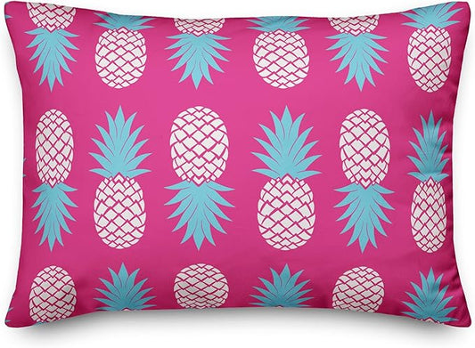 Pink and Blue Pineapples Indoor/Outdoor Pillow | Decorative Pillows for Living Room Couch Bed Sofa Patio, Fluffy Soft Cushion | Water Resistant Pink, 14x20