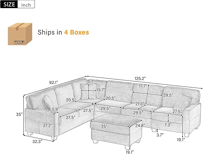 125.2" Sectional Sofa U-Shaped Upholstered Sofa L-Shaped Couch with a Movable Ottoman and Side Storage Pockets for Living Room, Grey