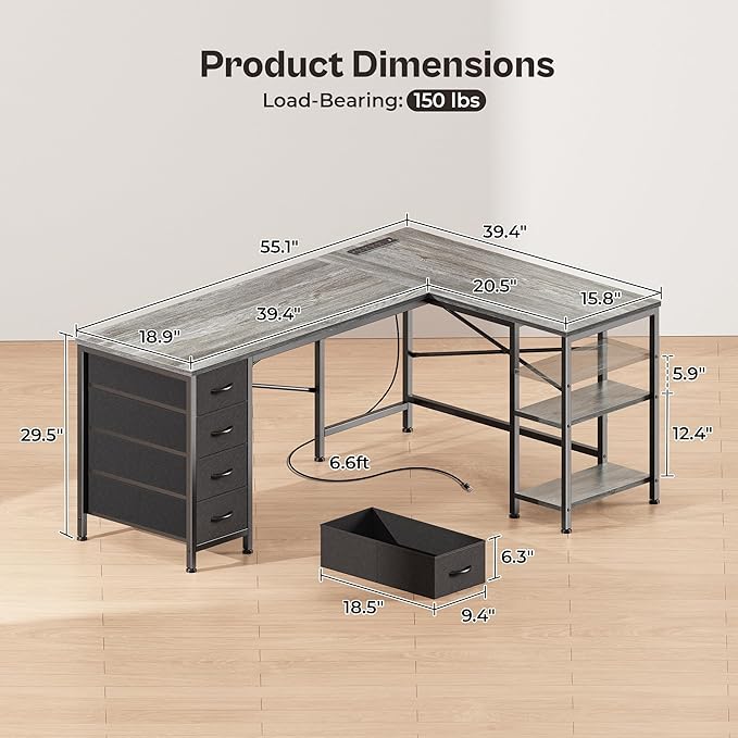 Huuger 55 Inch L Shaped Desk with Fabric Drawers, Reversible Computer Gaming Desk with Power Outlets and USB-C Port, Adjustable Side Storage Shelves, for Work Study Corner Home Office, Grey