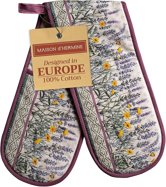 Maison d' Hermine Double Oven Mitts 100% Cotton 7"x35" Double Oven Mitt Heat Resistant BBQ Cooking Gloves with Loop, Baking, Grilling, Home, Kitchen, Handling Hot Pans Spring Summer (Fanny Lavender)