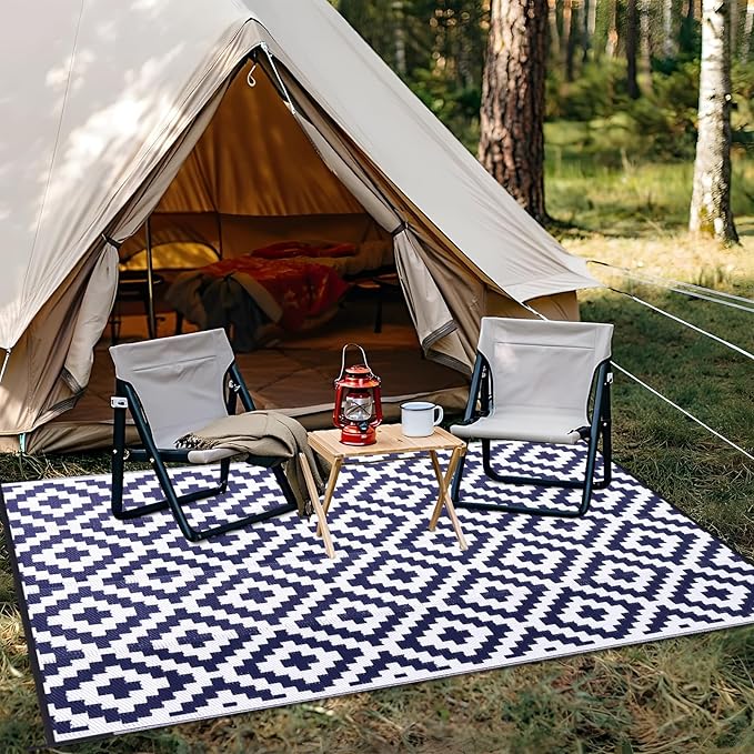 OLANLY Waterproof Outdoor Rug 6x9 ft, Outdoor Plastic Straw Rug for Camping, RV Mat Outside, Indoor Outdoor Carpet for Porch, Deck, Backyard, Balcony, Picnic, Navy & White