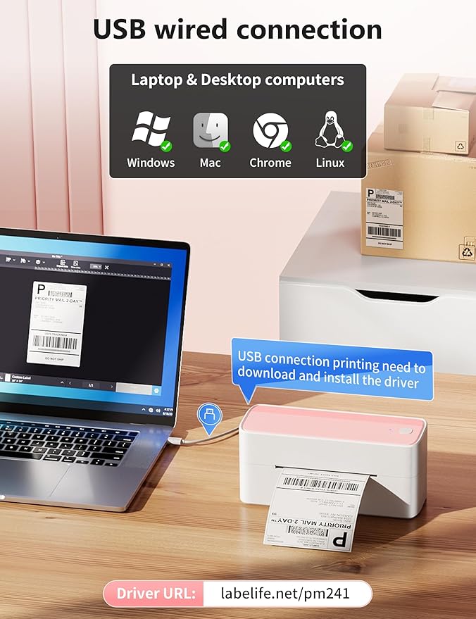 Phomemo Bluetooth Thermal Label Printer, 241BT 4X6 Wireless Shipping Labels Printer for Small Business, Pink Label Printers for Shipping Package, Compatible with iPhone, Android, Amazon, Shopify, USPS