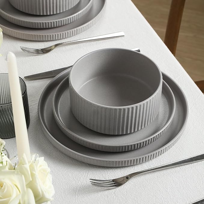 Stone Lain Haven Stoneware 24-Piece Dinnerware Set, Grey - Plates and Bowls Sets for 8, Elegant Dish Set, Includes Dinner Plates, Salad Plates Cereal Bowls, Microwave & Dishwasher Safe