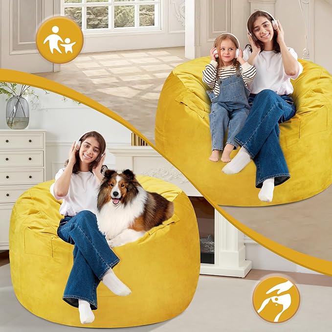 Homguava 3FT Bean Bag Chair: 3' Bean Bags with Memory Foam Filled, Large Beanbag Chairs Soft Sofa with Dutch Velvet Cover-Mustard