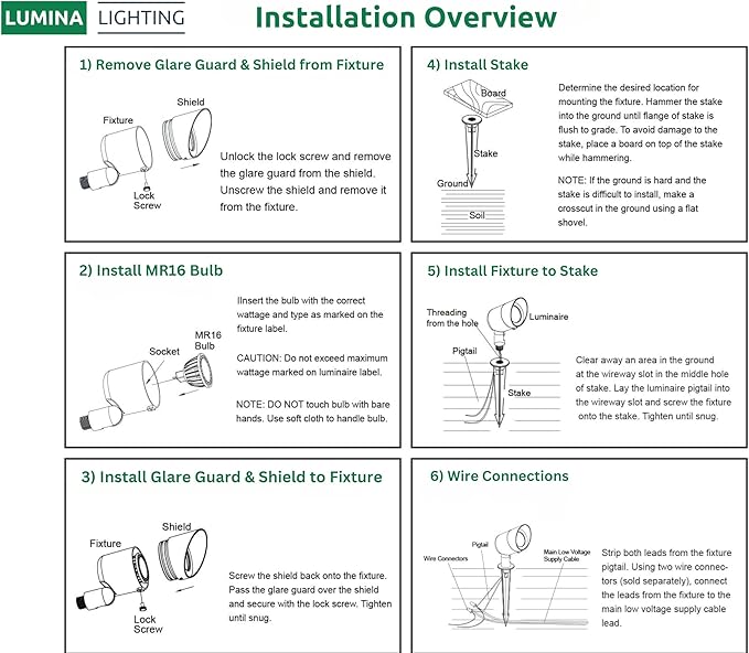Lumina Lighting® 5W Landscape Lighting 12V Landscape Lights Low Voltage Landscape Spotlights Warm White Waterproof Outdoor Replaceable LED Bulb for Garden,Lawn,Porch,Patio and Yard (Black) (6-Pack)