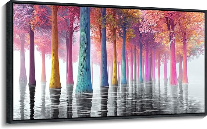 JEAWA Lake Framed Wall Art, Colorful Tree Wall Paintings Large Forest Grey Landscape Canvas Pictures Ready to Hang Bathroom Living Room Bedroom Kitchen Home Office Decor 20x40 IN