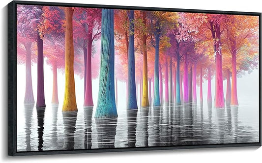 JEAWA Lake Framed Wall Art, Colorful Tree Wall Paintings Large Forest Grey Landscape Canvas Pictures Ready to Hang Bathroom Living Room Bedroom Kitchen Home Office Decor 20x40 IN