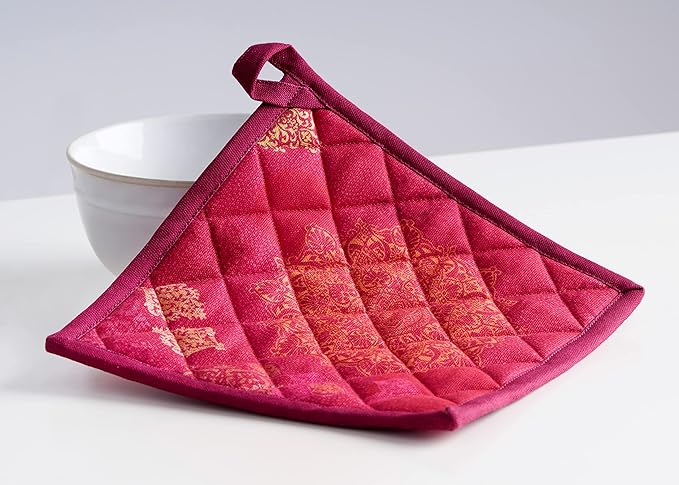 Maison d' Hermine 100% Cotton Oven Mitt & Pot Holder Set (7.5"x13" & 8"x8") Heat Resistant BBQ Cooking Gloves with Loop for Thanksgiving Christmas Decorations Handling Hot Pans (Versailles)