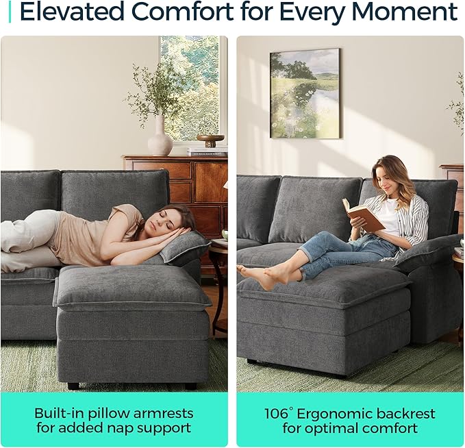 LINSY HOME Modular Cloud Couch, 113" L Shaped Sectional Sofa with Double Layer Cushions and Ottoman, Chenille 4 Seater Sofa Set for Living Room, Apartment, Grey