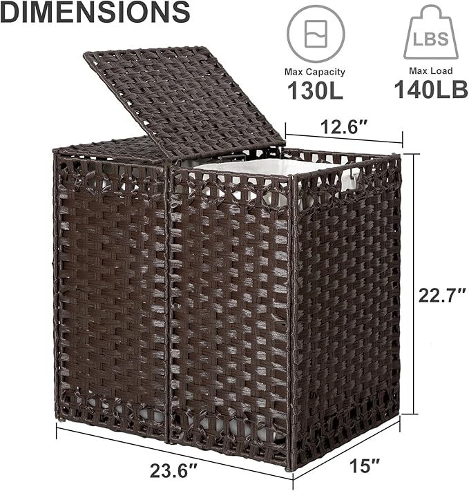 130L Foldable Laundry Hamper with Lid - Handwoven Rattan Storage Basket, 2-Section Clothes Hamper w/2 Removable Liner Bags, Easy Assembly, Portable for Bedroom Bathroom Dorm,Brown