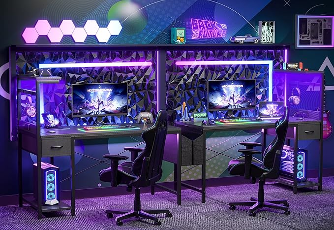 TIQLAB Gaming Desk 55 inch with Power Outlet and LED Light, Computer Desk with Reversible Shelves and Storage Drawer, Small PC Desk for Home Office Table with Bag, Carbon Fiber Black