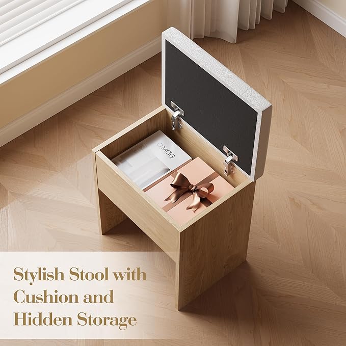 Vanity Desk with Mirror and Lights, Pink Makeup Vanity with Charging Station, Dressing Table Set with Storage Chair, Drawer Shelves, and Foldable Panel for Compact Space Bedroom (Nature Wood)