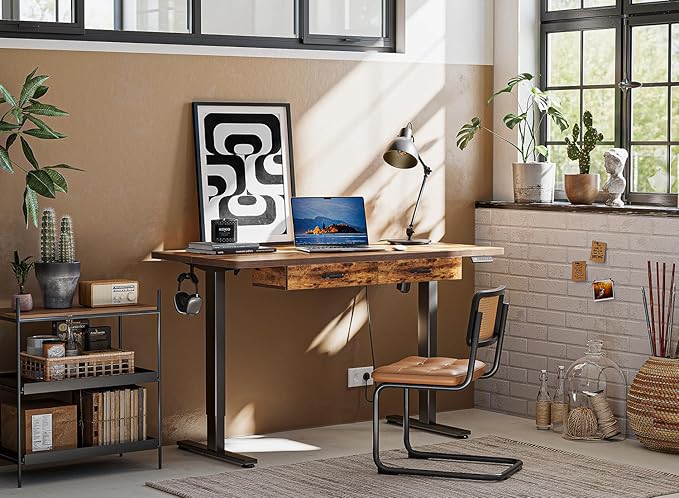 FEZIBO 55 x 24 Inches Standing Desk with Double Wooden Drawers, Adjustable Height Electric Standing Desk, Stand Up Home Office Desk with Splice Tabletop,Black Frame/Rustic Brown Top