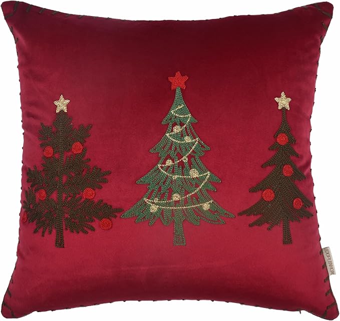Christmas Pillow Covers 18x18 Inch - Red Embroidered Tree Throw Pillows for Holiday Decorations - Cushions for Couch, Sofa, Bed, Living Room, Bedroom