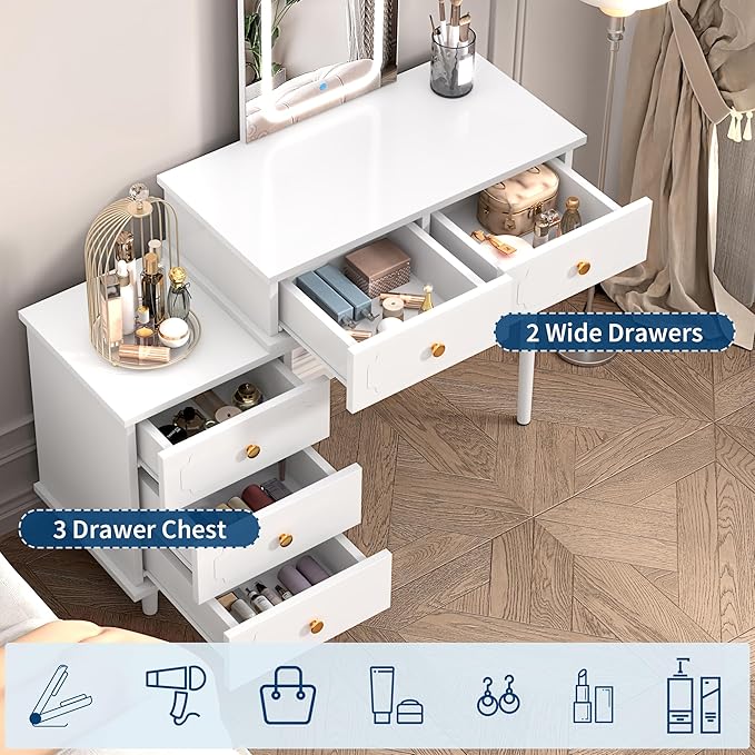 Garvee Makeup Vanity Desk with Mirror and Lights, Modern White Vanity Table with 2 Drawers & Adjustable 3-Drawer Cabinet, Wood Dressing Table for Bedroom