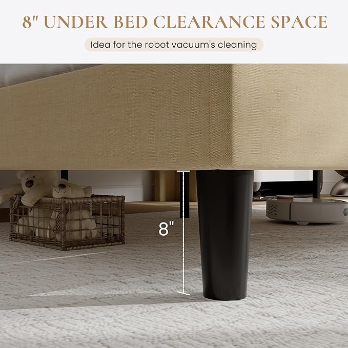 SHA CERLIN King Size Platform Bed Frame with Charging Station, Velvet Wingback Headboard with Storage Shelf, Wooden Slats Support, Ample Under-Bed Space, No Box Spring Needed, Easy Assembly, Beige