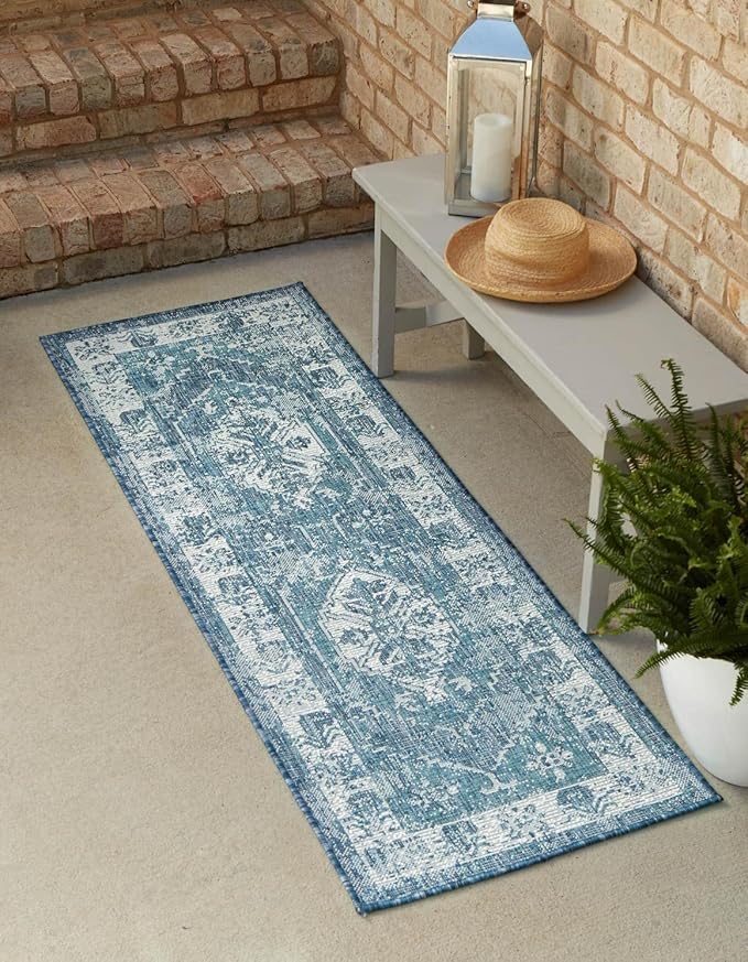 Unique Loom Outdoor Traditional Collection Area Rug - Valeria (2' x 7' 10" Runner, Blue/ Ivory)