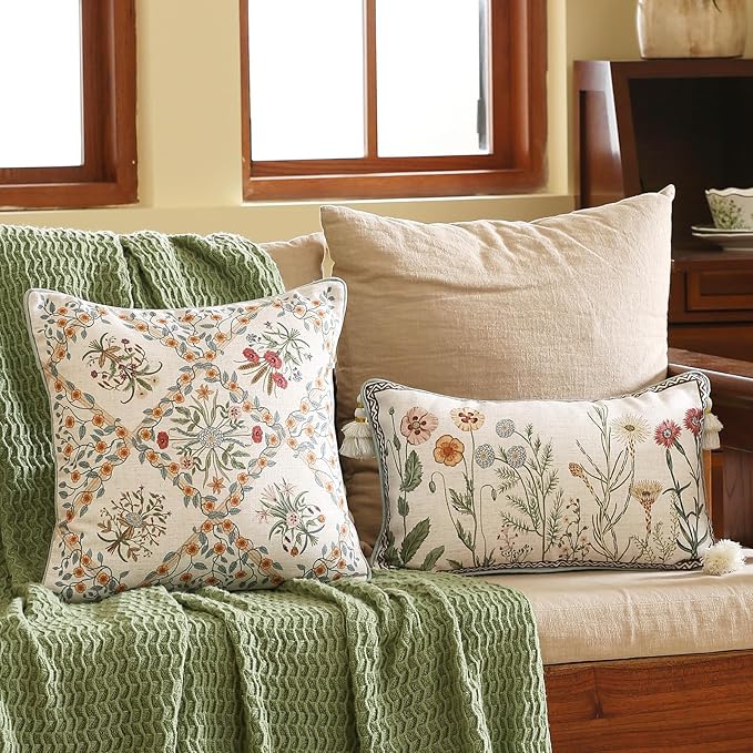 Design Linen Throw Pillow Covers 18"x18" Pack of 2, Square Farmhouse Cushion Covers with Red Pink Yellow Watercolor Wildflower Pattern Decor Pillowcases for Bed,Living Room,Outdoor,Car